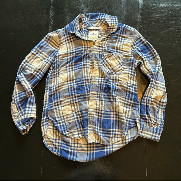 American Eagle Small Blue and White Cream Plaid Flannel Plus Free Scarf - Picture 1 of 10